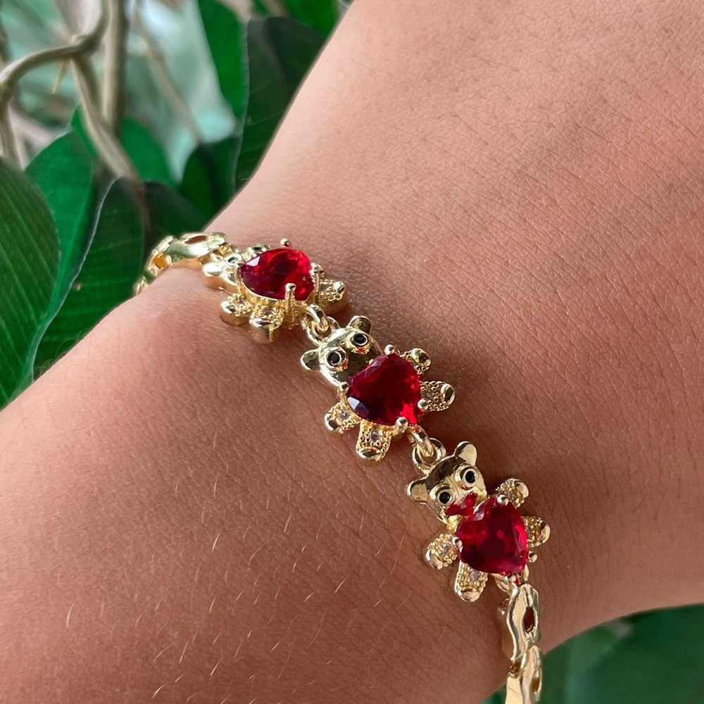 Gold Teddy Bear Bracelet with Red Accents